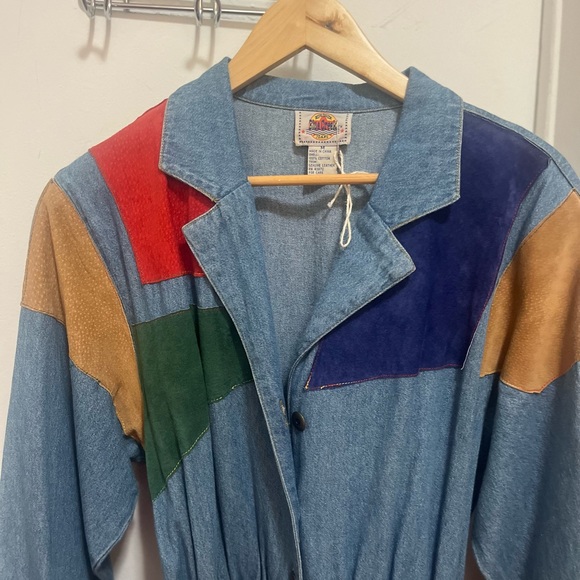 90’s Vintage Blue Creek Jeans Denim Dress with Leather Accents and belt - Picture 1 of 6